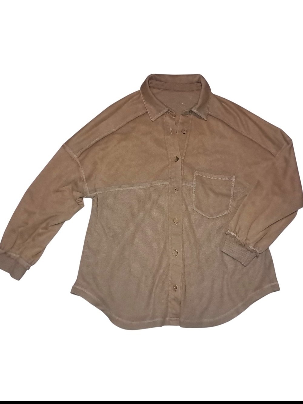 Women's Oversized Waffle Print Button-Down Shirt in Tan